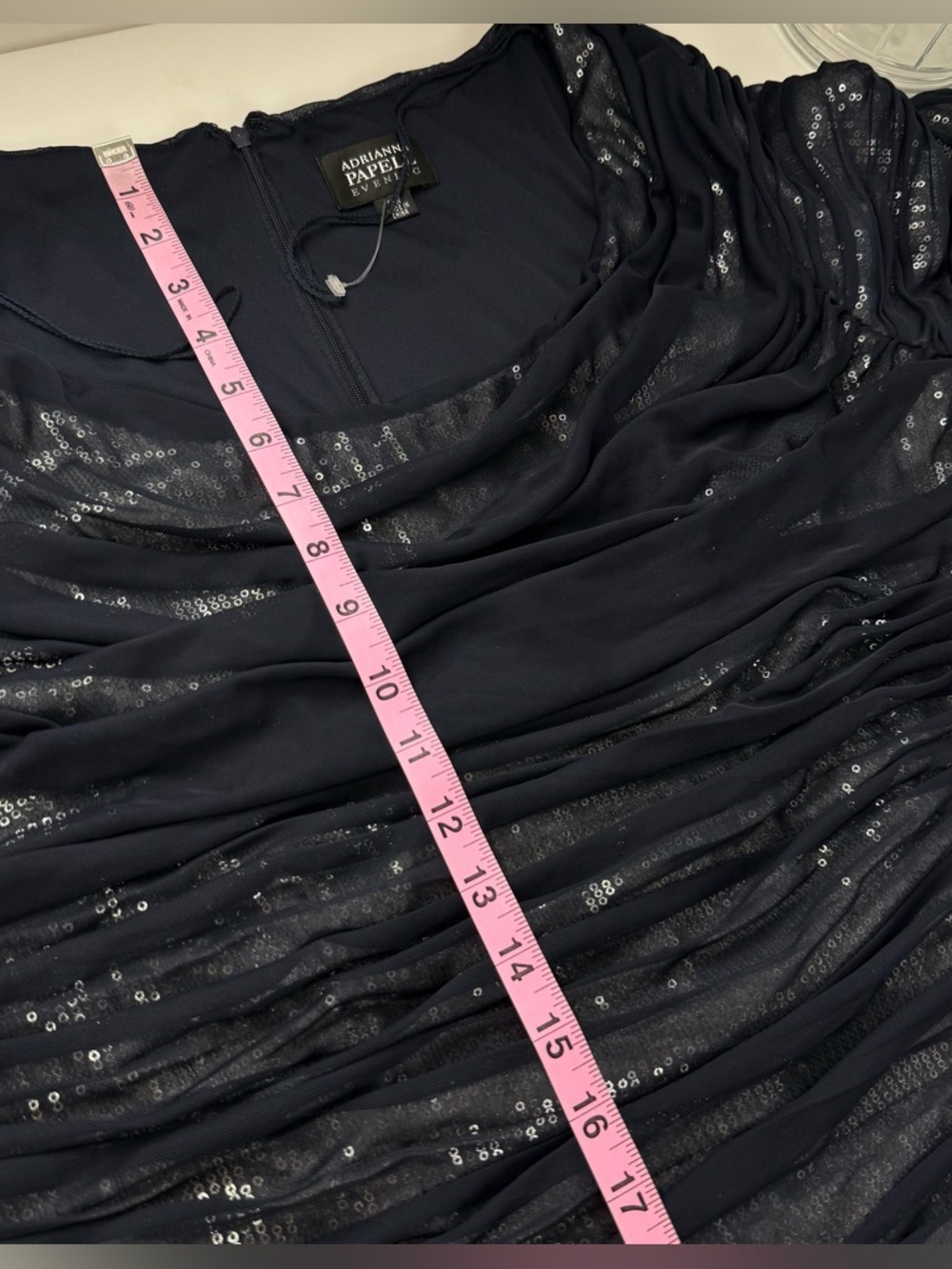 Adrianna Papell Evening Cocktail Dress Womens 16W Navy Blue Sequin Ruched Layer - Picture 10 of 12
